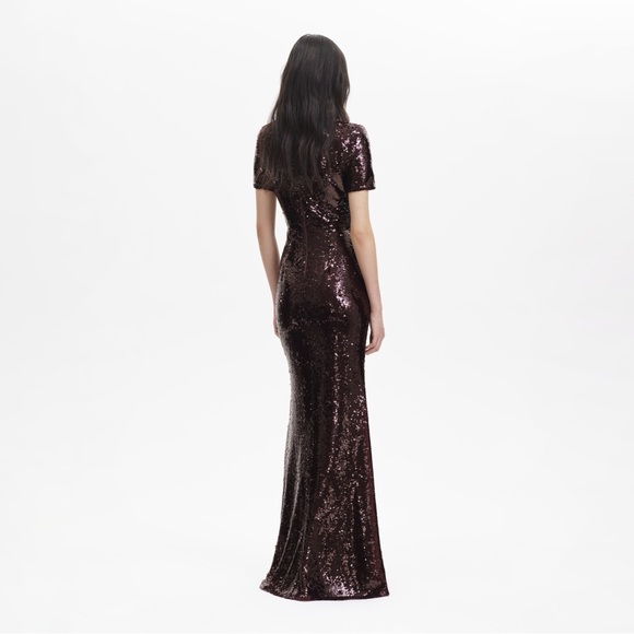 Self-Portrait Sequin Embellished Gown in Brown Short Sleeve Evening Maxi Dress 0 - Picture 3 of 10